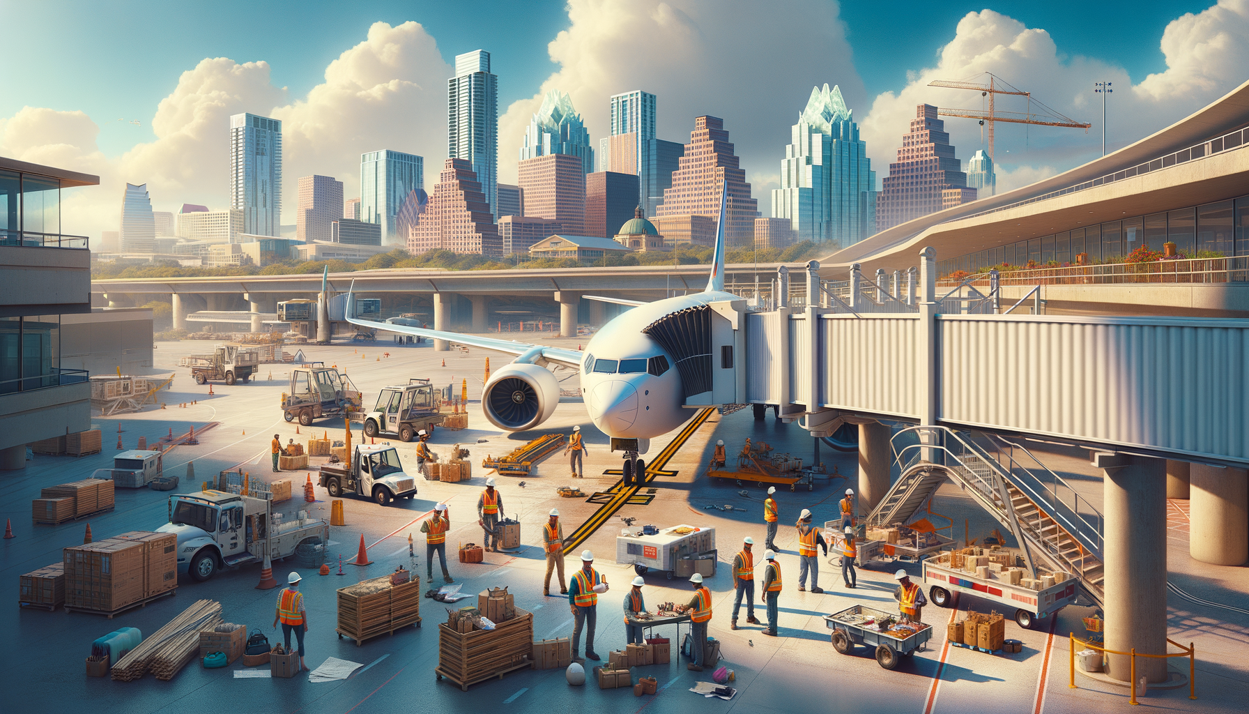 For the hero image of this article, visualize a dynamic and engaging scene that encapsulates the excitement and transformation happening at Austin-Bergstrom International Airport (AUS). Imagine a bright, clear day with the iconic Austin skyline in the background, symbolizing the city's vibrant culture and growth. In the foreground, focus on the state-of-the-art Passenger Boarding Bridges (PBBs) being installed at the airport, with construction workers actively engaged in the process, showcasing the upgrade in action. The scene is bustling with energy, reflecting the article's lively tone. A modern airplane is positioned nearby, with the new PBB extending towards it, symbolizing the future of travel at AUS. The construction site is clean and organized, indicating the efficiency and progress of the project. Incorporate elements that hint at the broader scope of the renovations, such as signs for the Barbara Jordan Terminal or construction blueprints peeking out from a worker's pocket. To tie in the local Austin flavor, add subtle nods to the city's culture, like a guitar leaning against a nearby tool box or a food truck in the distance serving breakfast tacos to the construction crew, bringing a sense of community and local flair to the scene. The image should be vibrant and full of life, capturing the reader's attention and drawing them into the story of transformation, not just at the airport, but in Austin as a whole. This hero image should inspire excitement about the future, showcasing the blend of innovation, community, and culture that makes Austin unique.