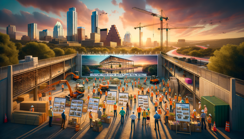 For a hero image for this article, imagine an engaging and vibrant scene that encapsulates the excitement and forward-thinking vibe of the Grace Plaza Retail project. Picture this: **Visual Elements:** - **Foreground:** A bustling construction site at sunset, with a clear, vibrant sign that reads "Future Home of Grace Plaza Retail - Opening August 2025". The construction area is alive with activity, showcasing workers in hard hats, cranes lifting beams, and the foundation of the building being laid out. This scene symbolizes progress, ambition, and the dawn of a new retail era. - **Background:** The iconic Austin skyline during a picturesque sunset, with the warm hues of the sky blending into the city's silhouette, signifying the integration of the new development into the heart of Austin's community. - **Side Elements:** Rendered images or blueprints of Grace Plaza Retail displayed on easels or hanging banners around the construction site, giving a sneak peek into the future aesthetic and design of the place. These designs hint at a modern, sustainable, and inviting space, aligning with Austin's vibrant culture. - **People:** A diverse mix of individuals representing local business owners, shoppers, and real estate enthusiasts gathered around the site's perimeter, peering through the construction fencing with visible excitement and anticipation. Their expressions and body language convey a shared optimism about the opportunities Grace Plaza Retail will bring to the Austin community. **Atmosphere:** The overall atmosphere of the image is one of dynamic energy and community engagement. The warm lighting of the sunset bathes the scene in a hopeful glow, symbolizing the bright future of Grace Plaza Retail and its potential impact on the local economy and lifestyle. This hero image would not only capture the essence of the article but also visually communicate the excitement, innovation, and community spirit that Grace Plaza Retail promises to bring to Austin.