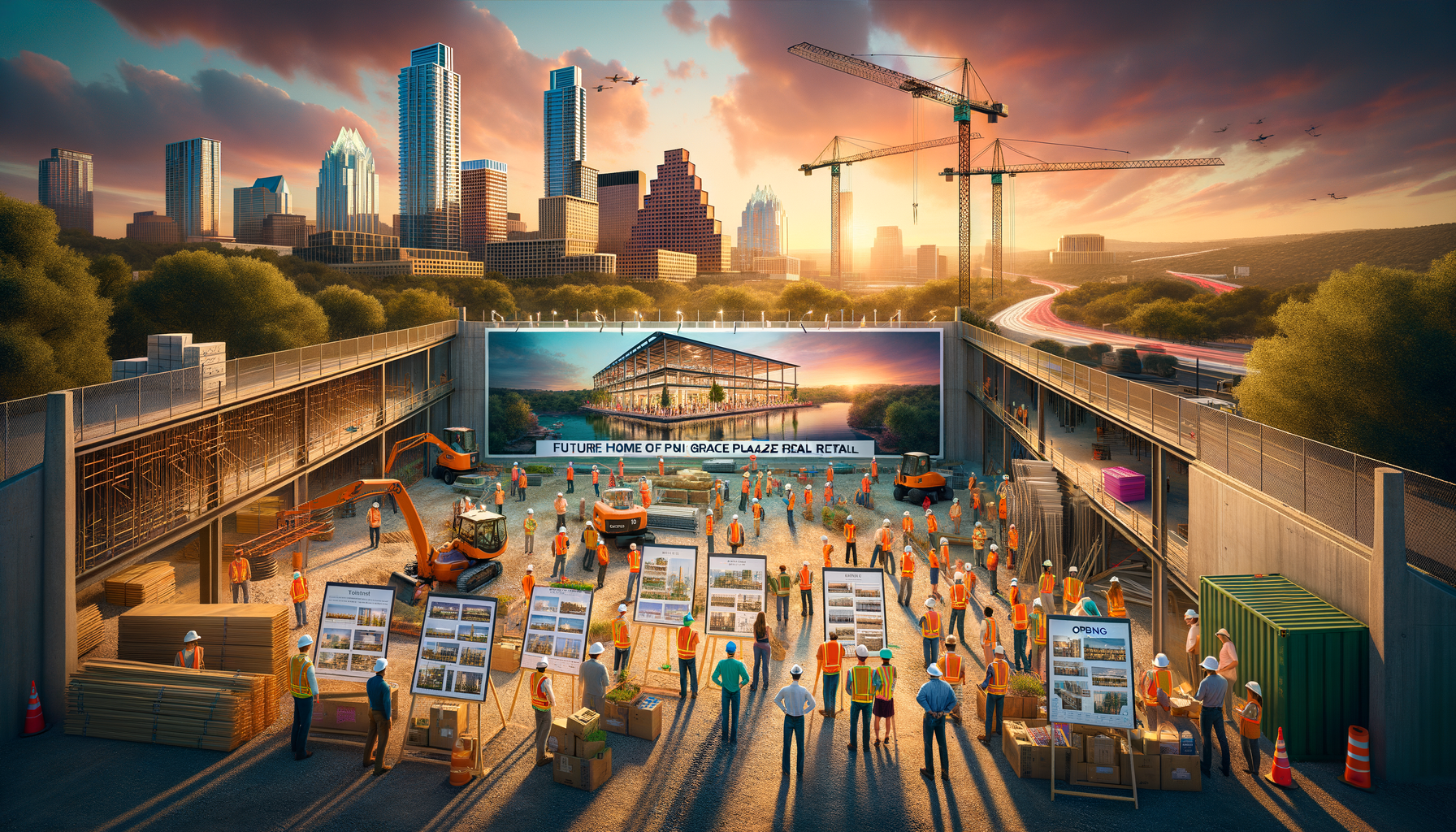 For a hero image for this article, imagine an engaging and vibrant scene that encapsulates the excitement and forward-thinking vibe of the Grace Plaza Retail project. Picture this: **Visual Elements:** - **Foreground:** A bustling construction site at sunset, with a clear, vibrant sign that reads "Future Home of Grace Plaza Retail - Opening August 2025". The construction area is alive with activity, showcasing workers in hard hats, cranes lifting beams, and the foundation of the building being laid out. This scene symbolizes progress, ambition, and the dawn of a new retail era. - **Background:** The iconic Austin skyline during a picturesque sunset, with the warm hues of the sky blending into the city's silhouette, signifying the integration of the new development into the heart of Austin's community. - **Side Elements:** Rendered images or blueprints of Grace Plaza Retail displayed on easels or hanging banners around the construction site, giving a sneak peek into the future aesthetic and design of the place. These designs hint at a modern, sustainable, and inviting space, aligning with Austin's vibrant culture. - **People:** A diverse mix of individuals representing local business owners, shoppers, and real estate enthusiasts gathered around the site's perimeter, peering through the construction fencing with visible excitement and anticipation. Their expressions and body language convey a shared optimism about the opportunities Grace Plaza Retail will bring to the Austin community. **Atmosphere:** The overall atmosphere of the image is one of dynamic energy and community engagement. The warm lighting of the sunset bathes the scene in a hopeful glow, symbolizing the bright future of Grace Plaza Retail and its potential impact on the local economy and lifestyle. This hero image would not only capture the essence of the article but also visually communicate the excitement, innovation, and community spirit that Grace Plaza Retail promises to bring to Austin.