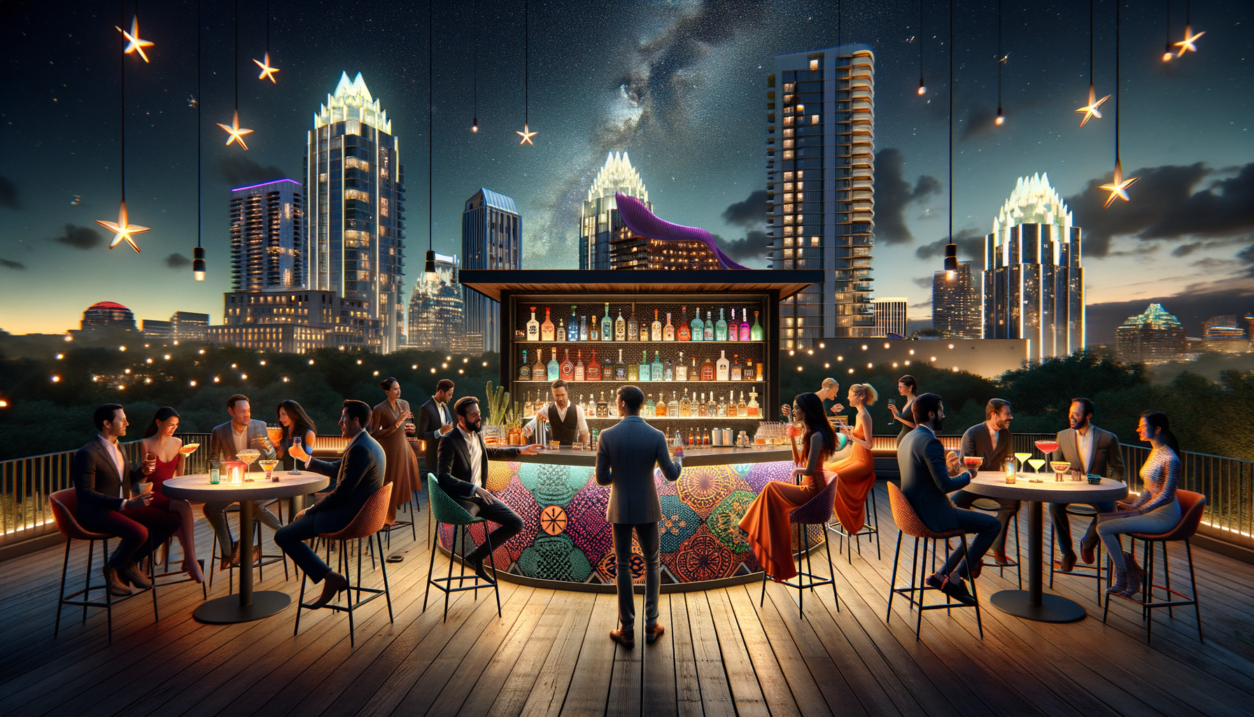 “Raising the Bar: How Arriba Abajo is Shaking Up Austin’s Downtown Scene” For the hero image of this article, envision a captivating and vibrant photograph taken from the rooftop perspective of Arriba Abajo. The image captures the essence of a lively evening under the starlit Austin sky, showcasing a group of stylishly dressed individuals gathered around a chic, modern bar area. They are engaged in animated conversations, with some holding artistically crafted mezcal cocktails, their glasses catching the twinkling lights of the cityscape in the background. The bar itself is adorned with elements that pay homage to Mexican culture, featuring vibrant colors, intricate patterns, and an array of mezcal bottles on display, each with its own unique design. The ambiance is elevated with subtle lighting that highlights the textures and materials used throughout the space, creating a warm and inviting atmosphere. In the distance, the Austin skyline serves as the breathtaking backdrop, with iconic buildings illuminated against the night sky, symbolizing the city's dynamic growth and the fusion of modernity with tradition. This scene not only conveys the sophistication and allure of Arriba Abajo but also encapsulates the article's themes of community, culture, and the evolving urban landscape of Austin. The image invites readers to imagine themselves as part of this exclusive experience, enticing them to explore the vibrant nightlife and the promising real estate prospects that downtown Austin has to offer.