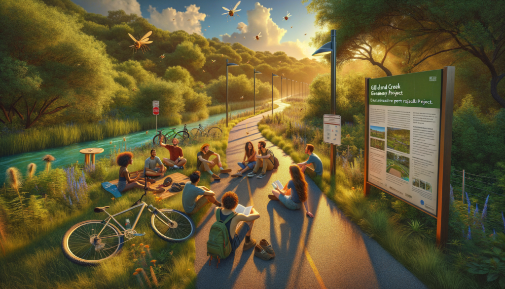 For the hero image of this article, imagine a vibrant and inviting scene that encapsulates the essence of the Gilleland Creek Greenway project and the outdoor lifestyle in Austin. The image features a wide, paved trail meandering through lush greenery, with native plants and trees lining the path. The trail is bustling with life—families, cyclists, and joggers enjoy the beautiful day outdoors. In the background, the skyline of Manor is visible, subtly highlighting the connection between urban living and nature. To the side of the trail, an informative sign stands, showcasing the map of the Greenway and highlighting its key features, including the stretch from NE Metro Park to Ben E. Fisher Park. Near the sign, a couple of hikers are examining the map, planning their route. In the foreground, a group of friends is taking a break, lounging on the grassy verge, laughing and chatting, with bicycles lying beside them. One of them is holding a brochure about the Gilleland Creek Pool Project, pointing to it excitedly, suggesting it as their next stop. To subtly address the mosquito control aspect, a discreet BG-Mosquitaire CO2 trap is positioned near the trail, blending harmoniously into the environment. A small plaque next to it explains its purpose, ensuring a bite-free experience for everyone. The lighting is warm, capturing the golden hour, which adds a magical touch to the scene and invites the viewer to imagine themselves enjoying a peaceful and joyful moment on the new Greenway. The sky is clear blue, dotted with a few fluffy clouds, reflecting an ideal day for outdoor activities in Austin. This hero image tells a story of community, connectivity, and the harmonious blend of urban development with natural preservation, encouraging Austinites to explore, engage, and embrace the outdoors, all while staying informed about the exciting developments in their city.
