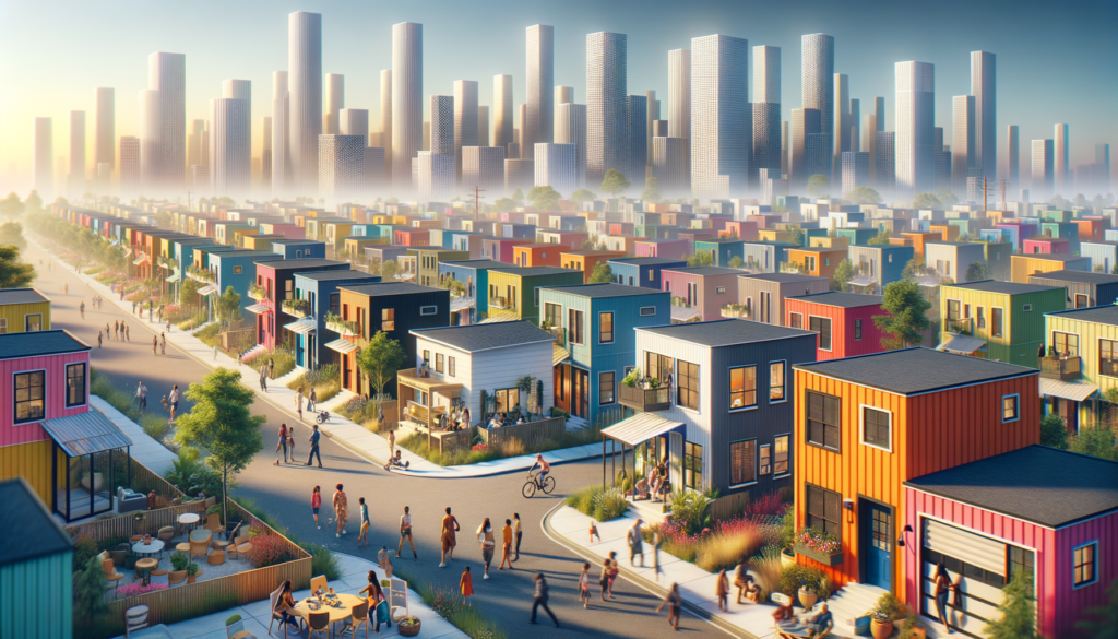 "DALLE Prompt: Imagine a vibrant, bustling Austin neighborhood that reflects the city's latest initiative for more affordable and sustainable living. Create an image showcasing a variety of charming, compact single-family homes nestled together on smaller lots. These homes, diverse in color and architectural style, symbolize a new era of housing in Austin, characterized by community, diversity, and innovation. The scene is set against the backdrop of a clear, sunny day, with the city's skyline in the distance, illustrating the blend of modern living with Austin's unique cultural heritage. Include residents of all ages and backgrounds enjoying the outdoors, emphasizing the inclusive and vibrant spirit of the community. The image should convey a sense of hope, opportunity, and the bright future of Austin's housing landscape."