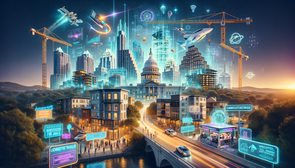 **DALL-E Prompt:** Create a vibrant and dynamic image capturing the essence of Austin's booming real estate and tech industry growth, symbolizing the future of innovation and community prosperity in Central Texas. The scene should artfully blend iconic Austin landmarks (like the Capitol building and the Pennybacker Bridge) with futuristic elements representing high-tech manufacturing and aerospace advancements. Include bustling construction sites with cranes erecting new buildings, symbolizing the construction of Method Manufacturing’s advanced facility in Buda, Texas. Integrate elements that showcase the local economy's strength, such as diverse groups of people celebrating, collaborating, and engaging in tech-related activities. Overlay the image with subtle nods to the real estate evolution, perhaps through holographic for-sale signs displaying negotiable commissions or a family consulting a digital interface for house hunting, representing the modernized approach to buying homes due to the NAR settlement. The overall atmosphere should be one of optimism, community, and cutting-edge technology, reflecting Austin's unique spirit and the exciting changes shaping its future.