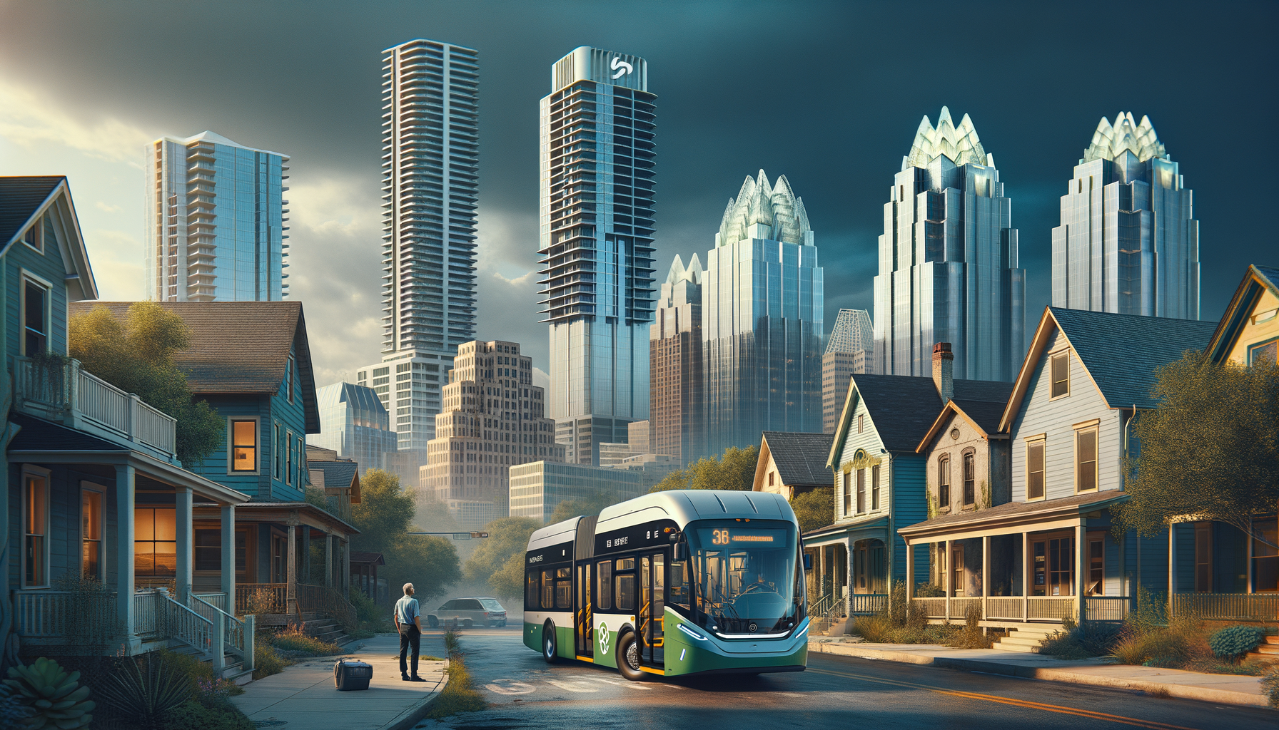 For the hero image of this article, envision a dynamic and engaging photograph that captures the essence of innovation, community, and sustainability in Austin's public transportation evolution. The scene is set against the backdrop of the new Capital Metro Headquarters under a clear, vibrant Austin sky, symbolizing a bright future ahead. In the foreground, a sleek, modern electric CapMetro bus is parked, with its doors invitingly open, ready to welcome passengers. The bus is branded with CapMetro's logo and an eco-friendly message, emphasizing the shift towards sustainable public transit. Behind the bus, construction workers can be seen wearing hard hats and safety vests, actively engaged in the renovation of the Capital Metro Headquarters. The building itself is adorned with visible sustainable features like solar panels and greenery, showcasing the commitment to environmental stewardship. To the side, a diverse group of Austinites awaits to board the bus, representing the community's engagement and reliance on public transportation. Among them, a cyclist stands with a bike, highlighting CapMetro's support for multi-modal transport solutions. Above this scene, the morning sun casts a warm glow, illuminating a banner that reads, "Driving Austin Forward," melding the notions of progress and community support. This image encapsulates the excitement and positive impact of the Capital Metro Headquarters renovation and the broader vision for a more connected, sustainable Austin.
