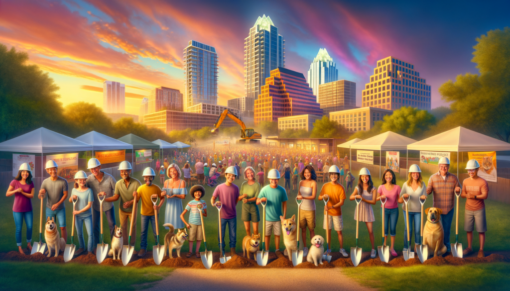 For the hero image of this article, envision a dynamic and vibrant photograph that captures the essence of Austin's community spirit and its commitment to education, nature, and animal welfare. The image should seamlessly blend elements that represent the diverse content of the article, creating an inviting and compelling visual narrative. Here's a detailed description: In the foreground, a group of diverse people (children, adults, educators) are gathered around a symbolic groundbreaking ceremony for the Valor Leander project. They are smiling and holding shovels with hard hats, symbolizing the start of the new educational facility in Georgetown. This group represents the community's involvement and excitement about enhancing education in Austin. Behind this group, to the left, visualize a beautiful, expansive green space that represents the new park in Travis County. This area is dotted with people engaged in various recreational activities—hiking, picnicking, and bird-watching—showcasing the outdoor spirit of Austin and the community's commitment to conservation and enjoying nature. On the right side, include a heartwarming scene at an animal adoption event hosted by the Austin Animal Center. Picture happy families and individuals bonding with dogs and cats, emphasizing the urgent call to action for fostering and adopting pets. This scene should convey warmth, hope, and the strong community drive to support animal welfare. Above this vibrant, ground-level activity, the Austin skyline glows in the early evening light, anchoring the image firmly in the city. The skyline symbolizes the broader context of Austin's growth, innovation, and its unique, funky identity. The entire image is bathed in the warm, golden hues of a Texas sunset, tying together the themes of education, nature, and community support with a sense of optimism and the promise of a better tomorrow. The composition of the photo, with its depth and diversity of elements, invites the viewer to imagine themselves as part of this active, caring community, ready to engage with the article's content. This hero image would not only captivate the reader's attention but also encapsulate the multifaceted nature of the article, highlighting Austin's dynamic initiatives and its citizens' commitment to making a meaningful impact in their city.