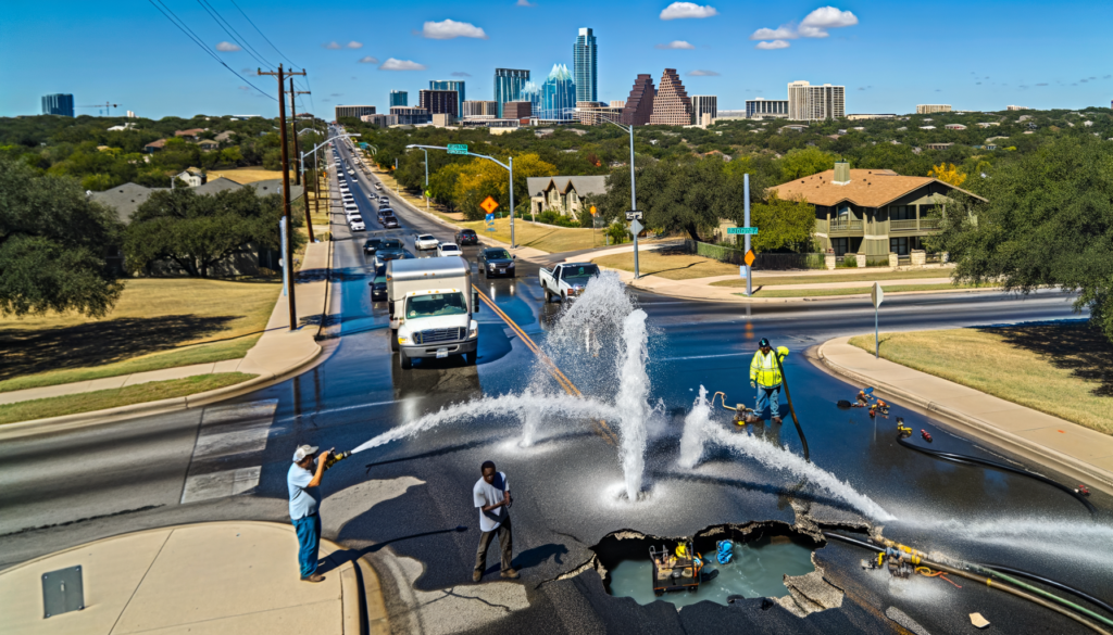 **DALL-E Prompt:** Visualize a whimsical yet chaotic scene on Wells Branch Parkway in Austin, Texas, capturing the unexpected transformation into the city's newest fountain due to a water main break. The foreground should feature a geyser of water shooting high into the air, with a surprised truck driver navigating around a newly formed crater in the road. Include diverse community members reacting in various ways - some taking photos, others looking puzzled or amused, and utility workers from Wells Branch Municipal Utility District (MUD) arriving on the scene, equipped with tools and safety gear, ready to tackle the repair. The background should illustrate the affected neighborhoods with signs indicating the areas, such as Brookside and The Park at Wells Branch, with a subtle overlay of the Austin skyline to anchor the location. Emphasize the sunny afternoon setting with clear skies, hinting at the unexpected nature of this urban spectacle. Capture the essence of Austin's spirit with elements that reflect the city's unique charm and resilience, like local art or symbols representing the community's solidarity and quick response.