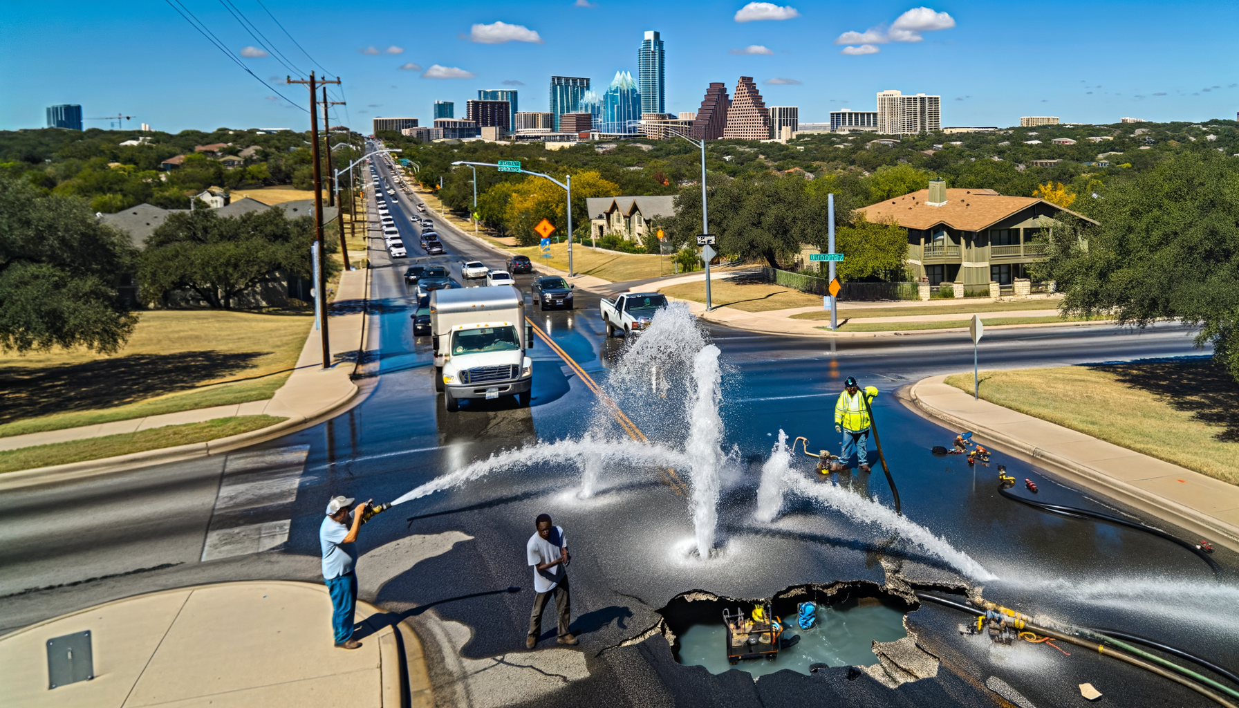 **DALL-E Prompt:** Visualize a whimsical yet chaotic scene on Wells Branch Parkway in Austin, Texas, capturing the unexpected transformation into the city's newest fountain due to a water main break. The foreground should feature a geyser of water shooting high into the air, with a surprised truck driver navigating around a newly formed crater in the road. Include diverse community members reacting in various ways - some taking photos, others looking puzzled or amused, and utility workers from Wells Branch Municipal Utility District (MUD) arriving on the scene, equipped with tools and safety gear, ready to tackle the repair. The background should illustrate the affected neighborhoods with signs indicating the areas, such as Brookside and The Park at Wells Branch, with a subtle overlay of the Austin skyline to anchor the location. Emphasize the sunny afternoon setting with clear skies, hinting at the unexpected nature of this urban spectacle. Capture the essence of Austin's spirit with elements that reflect the city's unique charm and resilience, like local art or symbols representing the community's solidarity and quick response.
