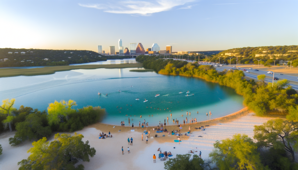 "Create an idyllic and vibrant image showcasing the future Crystal Lagoon project near Lake Travis in Austin, Texas. The lagoon should be crystal-clear, shimmering under a sunny sky, surrounded by lush greenery that mimics a tropical paradise. Include diverse groups of people enjoying various activities such as swimming, paddleboarding, and lounging on sandy beaches. The Austin skyline should be visible in the distance, illustrating the perfect blend of urban living with a tranquil, leisure-filled lifestyle. Highlight the innovative and sustainable design elements characteristic of Crystal Lagoons, making the scene an inviting and dynamic representation of Austin's growth and optimism."