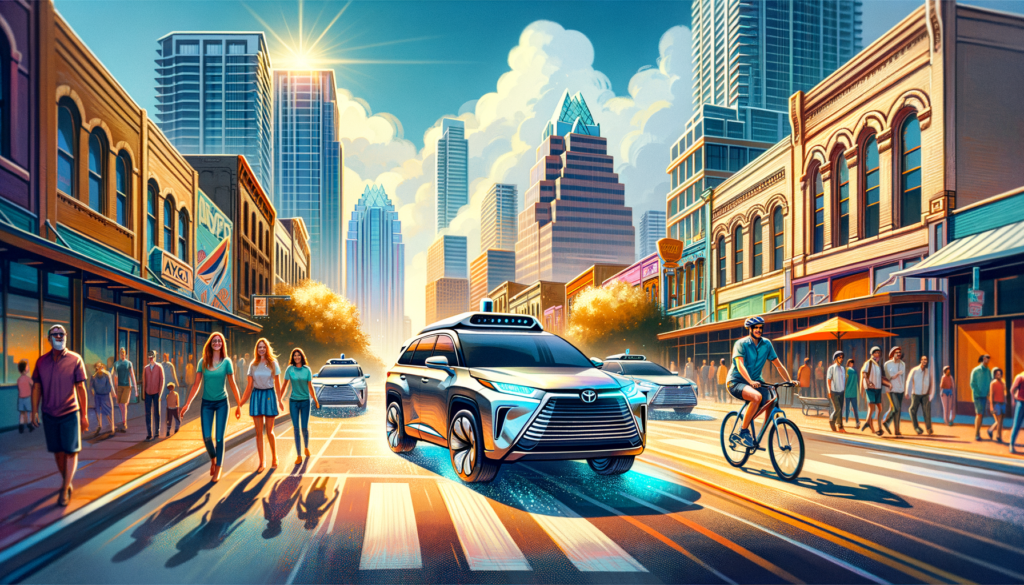 Prompt: "Illustrate a futuristic scene on a busy Austin street where Zoox's robotaxis are seamlessly integrating with the vibrant city life. Capture the essence of Austin's key business and entertainment districts, showcasing the retrofitted Toyota Highlanders with advanced autonomous driving technology gliding past iconic Austin landmarks. Include pedestrians and cyclists observing with curiosity and excitement. The image should reflect Austin's innovative spirit and its role as a leader in embracing cutting-edge transportation solutions. Make sure to convey a sense of safety and the community's openness to new ideas, with the clear blue sky and sun-soaked streets adding to the optimistic, forward-looking atmosphere."