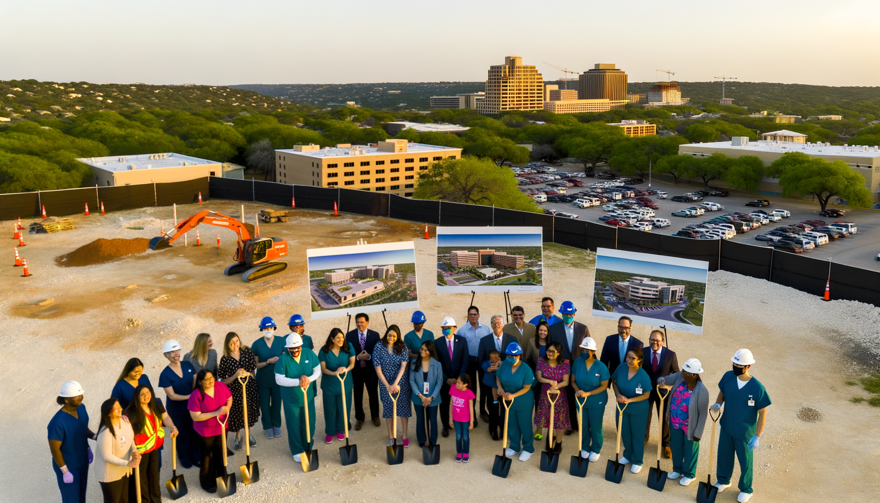 For the hero image of this article, envision a dynamic and visually engaging scene that captures the essence of healthcare innovation and community spirit in Manor, TX. The scene should be set against the backdrop of a vibrant sunrise, symbolizing the dawn of a new era in local healthcare. In the foreground, a group of diverse people from the community, including families, healthcare workers in scrubs, and construction workers with hard hats, are gathered around a large, artistically designed sign that reads, "Future Home of St. David's South Austin Medical Center Emergency Department." They are all smiling and some are holding shovels, ready for a groundbreaking ceremony. The excitement and anticipation in their faces reflect the positive impact the expansion will have on their community. In the immediate background, architectural renderings are displayed on easels, showcasing the modern, state-of-the-art design of the new 1-story emergency center, with key features highlighted, such as the trauma room, CT scan room, and X-ray room. A banner overhead reads, "Bringing Lifesaving Care Closer to Home." The rising sun casts a warm glow over the scene, illuminating the faces of the people and the architectural plans, symbolizing hope and a brighter future for healthcare in Central Texas. The composition should be lively and full of hope, emphasizing the theme of community advancement and the significant benefits the new emergency center will bring to Manor and the surrounding areas. The image should invoke feelings of progress, unity, and reassurance that high-quality emergency healthcare will soon be within reach, changing the game for residents and contributing to the overall wellbeing of the region.