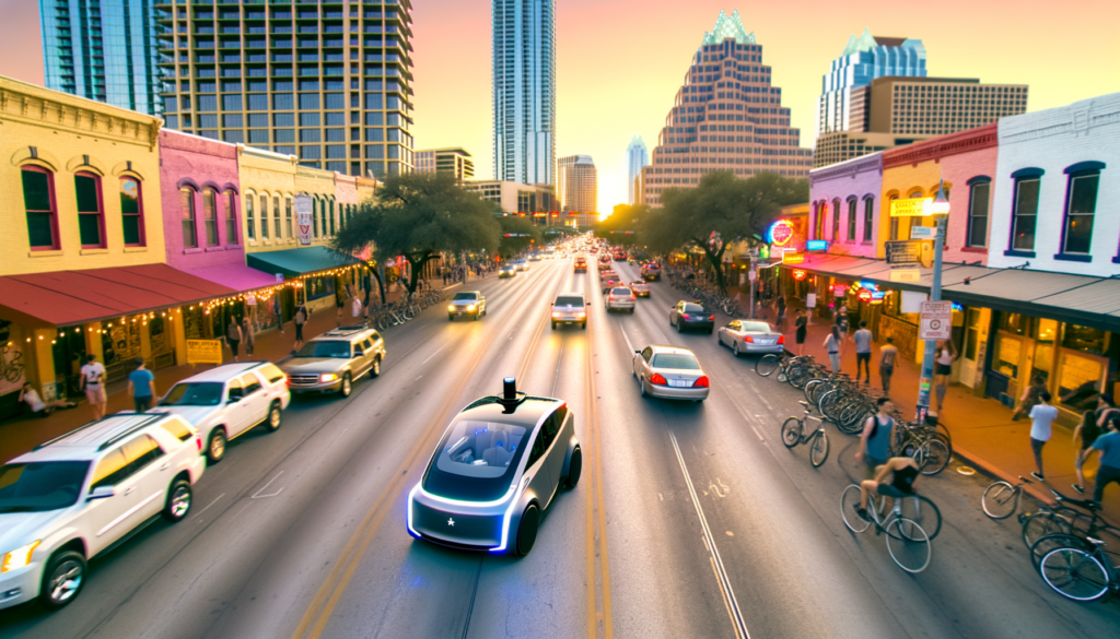 Prompt: "Create an image showcasing the innovative spirit of Austin, Texas, as Zoox Inc.'s self-driving cars navigate the vibrant streets. The scene unfolds on a bustling Sixth Street, with the iconic Austin skyline in the backdrop. The self-driving vehicle, sleek and futuristic, glides seamlessly among pedestrians, cyclists, and the city's eclectic mix of traditional taxis and local musicians. The essence of Austin's unique blend of technology, culture, and urban vitality is captured in this moment, highlighting the city's role as a hub for innovation and progress. Include visual elements that symbolize Austin's tech-savviness and its welcoming attitude towards transformative urban mobility solutions."