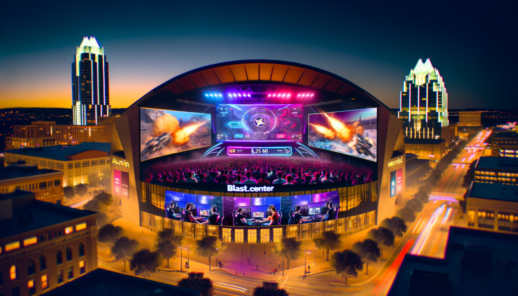 Prompt for DALL·E: "Create an electrifying and dynamic image that captures the essence of the BLAST.tv Austin Major taking place in June 2025. The visual should merge iconic Austin, Texas landmarks, including the Moody Center, with futuristic esports elements. Illustrate crowds of excited fans, state-of-the-art gaming setups, and digital screens showcasing intense gameplay. Incorporate vibrant colors to reflect Austin's lively culture and the high energy of the event. Make sure to include the $1.25 million prize pool in a way that emphasizes the grandeur and importance of the tournament, possibly through a creative, digital scoreboard or a holographic display. The overall atmosphere should be one of anticipation, innovation, and celebration, symbolizing Austin's position as a burgeoning tech and digital entertainment powerhouse on the international esports map."