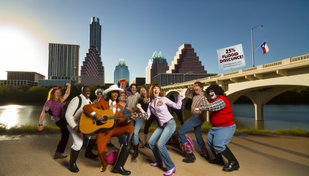 "Create an image showcasing the vibrant community of Austin, Texas, celebrating a 25% discount on flood insurance. The scene is joyous, with residents dancing the two-step in front of iconic Austin landmarks like the Capitol building and the Pennybacker Bridge. The sky is clear, symbolizing the successful flood mitigation efforts, with a banner flying overhead that reads '25% Flood Insurance Discount Achieved!' Include diverse groups of people, from homeowners to renters, all joining in the celebration. The overall vibe is one of community triumph, affordability, and resilience against flood risks. To add a touch of local flair, sprinkle in some 'Keep Austin Weird' elements, such as quirky costumes or a street musician playing a guitar. This image should encapsulate the spirit of Austin's victory over flood risks, making the city a safer, more affordable place to live."