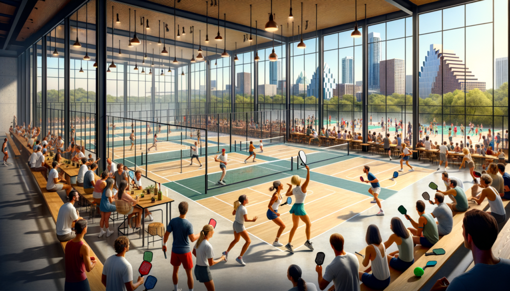 Prompt: "Illustrate an energetic and vibrant scene at the newly opened Austin Pickle Ranch, showcasing a diverse group of people joyfully playing pickleball across several indoor courts. Include details such as players engaging in friendly competition, spectators cheering from the sidelines, and a glimpse of the outdoor volleyball courts in the background. The facility should appear modern and welcoming, with the Austin skyline subtly visible in the distance. Ensure that the atmosphere conveys a sense of community and fun, highlighting the ranch as a social hub where Austinites of all ages and backgrounds come together. Additionally, integrate elements that hint at the future food and beverage spots planned for the venue, perhaps through an inviting outdoor lounge area where players and guests can relax and socialize."