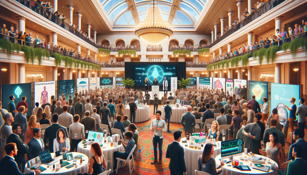 "Generate an image of a bustling and futuristic Biohacking Conference at the Fairmont Hotel in Austin, TX, filled with innovative wellness technology booths, a diverse crowd of health enthusiasts engaging in lively discussions, and keynote speakers presenting on stage. Include elements that symbolize Austin's vibrant culture and the cutting-edge of biohacking, such as interactive health-monitoring devices, nutritional supplements, and advanced fitness equipment. Ensure the atmosphere is energetic and forward-thinking, capturing the essence of community, innovation, and the pursuit of optimal health in the heart of Central Texas."