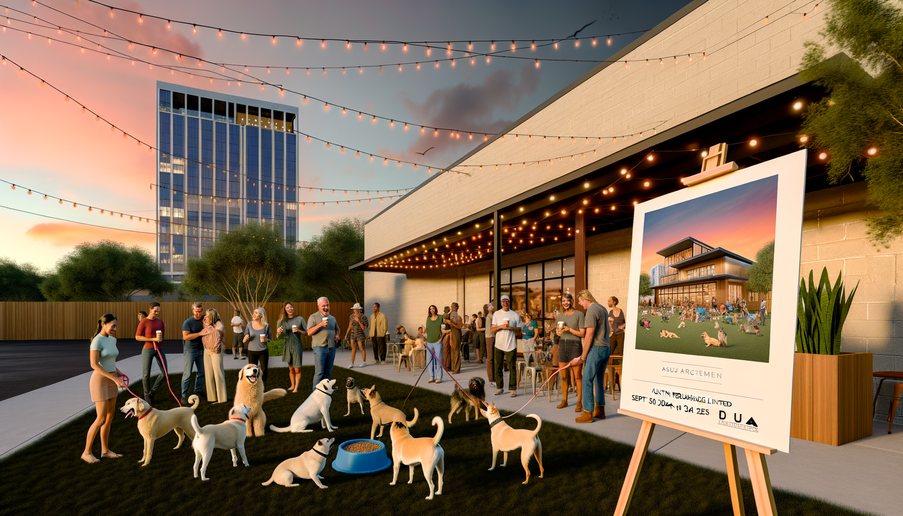 The hero image for this article could be a vibrant and engaging photograph capturing the essence of Austin's community spirit and its love for pets. Imagine a scene set at the entrance of The Linc, with the current façade in the background, bathed in the warm, golden light of a Texas sunset. In the foreground, a diverse group of smiling people are gathered with their dogs of various breeds and sizes, showcasing the inclusivity and pet-friendly nature of the city. The center of the image features a large artist's rendering on an easel, depicting the future upscale dog daycare and boarding facility, complete with sleek, modern design and surrounded by greenery. This illustration within the photo hints at the transformation The Linc will undergo, bridging the current state with the future vision. To the side, a couple of dogs are playfully interacting with each other on a small patch of grass, illustrating the immediate benefits and enjoyment pets can find in such community hubs. Their owners, standing nearby, engage in conversation, holding cups of coffee from a local café, symbolizing the blend of lifestyle elements The Linc offers. Above this lively scene, the sky is a canvas of colors, and string lights crisscross from the rooftops, adding a festive atmosphere. A banner hangs in the background, announcing the renovation project with the dates "Sept 30, 2024 - Jan 29, 2025" prominently displayed, alongside the logos of Austin Renaissance Limited and DXU Architects. This image not only teases the future of The Linc but also encapsulates the current community's excitement and anticipation for the project. It tells a story of growth, inclusivity, and the deep bond between Austinites and their four-legged friends, perfectly setting the tone for the article.