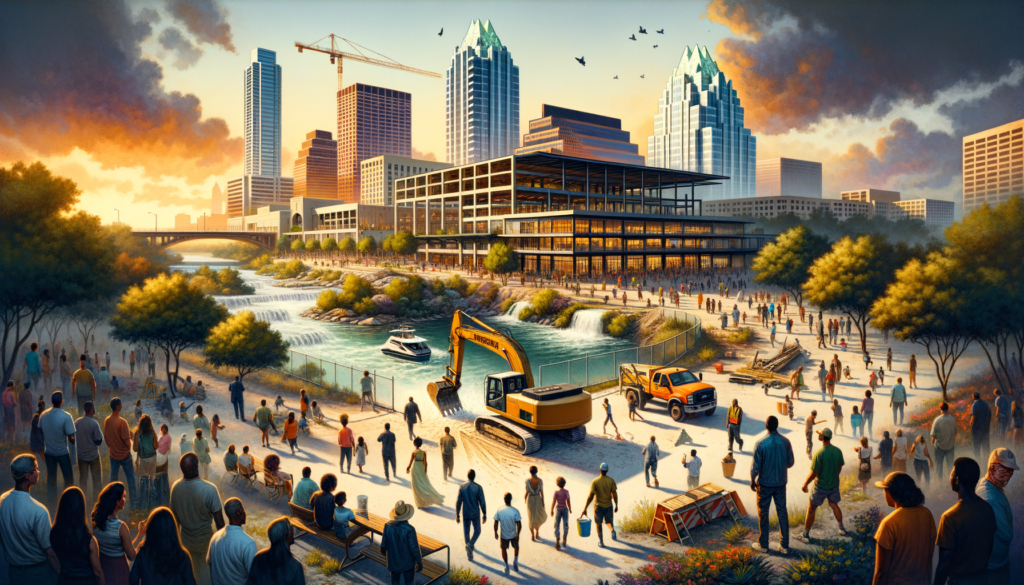 For the hero image of this article, envision a dynamic and engaging visual that encapsulates the essence of transformation and community growth in Southeast Austin. The image would feature the Riverside Place Shopping Center in the foreground, with visible signs of construction and demolition equipment at work, symbolizing the beginning of its evolution. In the background, a vibrant rendering or conceptual art of the future mixed-use development is visible, showcasing a harmonious blend of residential, commercial, and green spaces, with people interacting and enjoying the new environment. The scene is bathed in the warm glow of a Texas sunset, casting long shadows and highlighting the promise of a new dawn for the Riverside community. The contrast between the old, being actively dismantled, and the bright, futuristic vision of what's to come serves as a powerful visual metaphor for the article's theme: "Out With the Old, In With the New." Key elements to include in the hero image: - The iconic Riverside Place Shopping Center, with elements of demolition in progress. - Construction equipment and barriers, indicating active development. - A conceptual or artistic representation of the future development, including modern architectural designs, green spaces, and community areas. - Figures of people (construction workers, future residents, passersby) to humanize the transformation and suggest community involvement and benefit. - The Austin skyline subtly visible in the distance, linking the local development to the broader city context. - The warm, inviting colors of a Texas sunset, symbolizing hope, change, and the bright future of Southeast Austin.