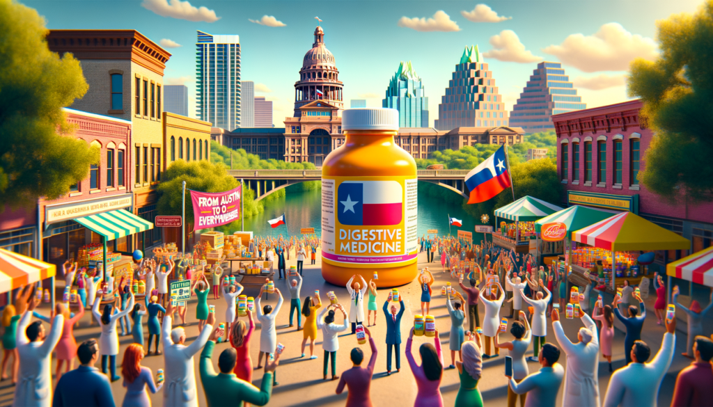 Prompt: "Create an image that captures the essence of Wonderbelly's remarkable journey from a small Austin startup to a nationally recognized brand in the world of digestive medicine. The scene should depict an animated, vibrant Austin cityscape as the backdrop, with iconic landmarks like the Texas State Capitol and the Congress Avenue Bridge. In the foreground, illustrate a larger-than-life, brightly colored bottle of Wonderbelly digestive medicine standing triumphantly. Surrounding the bottle, a diverse crowd of animated, joyful characters, representing the Austin community, is celebrating its success. Include elements like a banner reading 'From Austin to Everywhere' and a few characters holding mini Texas flags to emphasize local pride. The image should exude a sense of achievement, community support, and the innovative spirit that propels Austin's startups to national stardom."