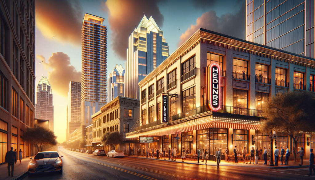 The hero image for this article could capture the essence of Austin's downtown vibrancy and the prestigious aura of the Headliners Club renovation. Imagine a photograph taken during the golden hour, where the warm Texas sun bathes the city's skyline in a soft, inviting glow. The foreground is dominated by a sleek, artistic rendering of the Headliners Club's exterior at 221 West 6th Street, showcasing the building's modern upgrades and luxurious facade, hinting at the $8 million renovation within. The club's signage is prominently displayed, drawing the eye and marking its status as a hub for Austin's elite. Around the entrance, a few well-dressed figures could be seen, symbolizing the movers and shakers of the city's real estate and business communities. In the background, the rest of downtown Austin stretches out, a mix of historic buildings and modern skyscrapers, illustrating the city's fusion of tradition and innovation. The image captures a moment of anticipation, suggesting the networking and opportunities that lie within the club's walls and, by extension, within Austin itself. Adding to the scene, digital enhancements could overlay subtle, neon outlines on key architectural features and text elements, such as the article title "Austin's Beacon of Investment: The Headliners Club Renovation" hovering in the sky above the skyline. This blend of a realistic photograph with digital artistry would evoke a sense of excitement and future possibilities, perfectly aligning with the article's message about the booming real estate market and the opportunities the renovation symbolizes for Austin aficionados and real estate mavens alike.
