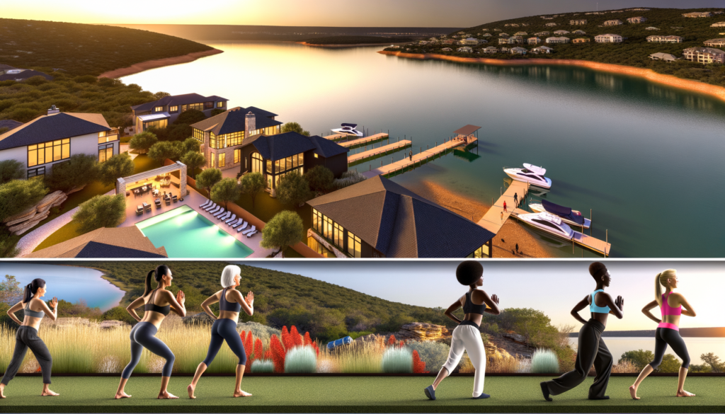 "Create an idyllic image showcasing the luxurious Riviera at Lake Travis development in Lago Vista, Texas. The scene should capture a serene morning with the sun casting golden hues across a tranquil Lake Travis, highlighting the elegant, modern homes nestled along the shoreline. Include details like an infinity pool that merges seamlessly with the lake, a dock with boats ready for adventure, and lush greenery framing picturesque hiking trails. Foreground should feature happy residents enjoying an array of wellness activities, from yoga by the lake to a leisurely round of mini-golf. Emphasize the sense of exclusivity and community, making it clear this is a pinnacle of lakeside living."