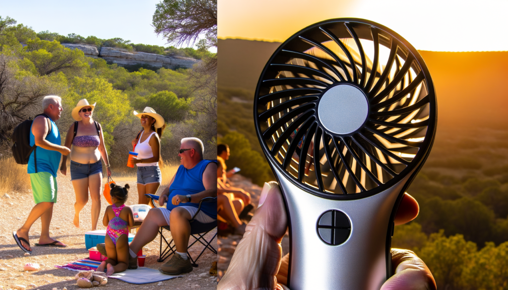 "Visualize a Texas summer scene with the JISULIFE Turbo Handheld Fan as the hero: Amid a backdrop of a bright, sun-drenched Texas landscape, a diverse group of Texans, from a family at a picnic to a hiker exploring the rugged trails, each holding the sleek, powerful JISULIFE Turbo Handheld Fan. The scene is alive with vibrant colors, emphasizing the contrast between the scorching heat and the cool relief provided by the fan. The fan itself is detailed, showcasing its robust metal body, digital display, and the gentle motion of its blades, set against a narrative of shared moments of relief and joy. Include visual elements that highlight its portability, such as a backpack, a beach bag, or simply in the hands of a user, to underscore its role as an essential summer companion, capable of delivering a respite from the heat anywhere, anytime. The atmosphere conveys a sense of optimism and preparedness, capturing the essence of Texas' indomitable spirit in the face of summer's challenges."