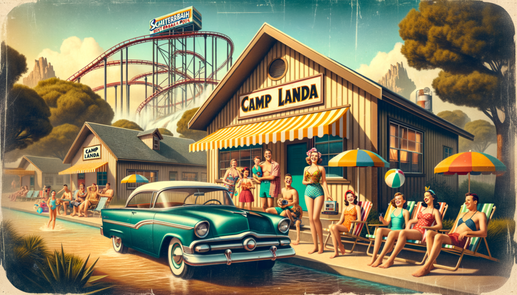 Prompt: Create an image that encapsulates the essence of Camp Landa, showcasing its retro-themed lodging with a backdrop of Schlitterbahn New Braunfels. The scene should radiate nostalgia, with families enjoying vintage-styled cabins and a classic 1950s car parked out front. The foreground should feature a group of happy vacationers dressed in period swimwear, holding polaroid cameras and beach balls, ready to explore the waterpark. Include a glimpse of the new kids' area, Schatze's Storybook Park, in the distance, emphasizing the family-friendly atmosphere. The image should invoke a sense of excitement for a retro-modern adventure, blending the charm of the past with the thrill of contemporary waterpark fun.