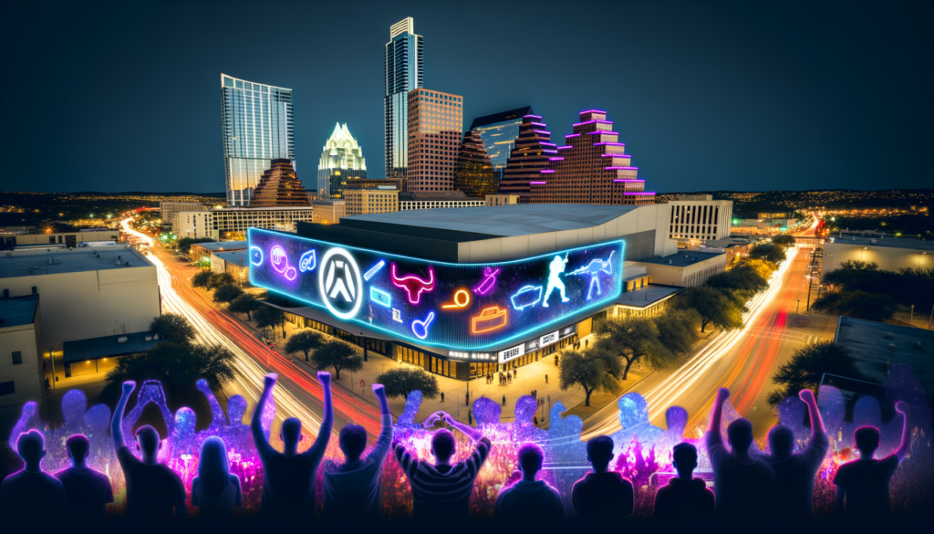 "Create an electrifying image capturing the vibrant energy of Austin, Texas, as it gears up to host the BLAST.tv Counter-Strike 2 Major in 2025. Visualize the iconic Moody Center illuminated in the night, bathed in dynamic, neon lights with a futuristic overlay of digital elements symbolizing the world of esports. Include diverse crowds of excited fans gathering, representing the global community, with the Austin skyline in the background to highlight the city's unique charm. Emphasize elements of gaming, such as keyboards, mice, and headsets, alongside local cultural symbols like live music instruments and Texas BBQ, blending the digital with the local. Make sure the image conveys a sense of anticipation, celebration, and the fusion of the esports spirit with Austin's weird, wonderful vibe."