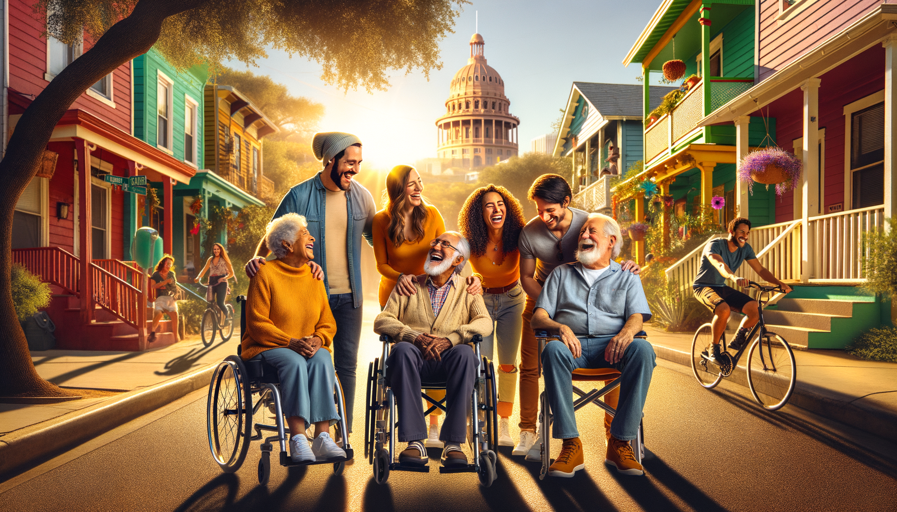 For the hero image of this article, envision a vibrant, heartwarming scene that encapsulates the essence of community, inclusivity, and the vibrant spirit of Austin. The image could feature a diverse group of happy, smiling people of various ages and abilities gathered on a sunny, tree-lined street in a charming Austin neighborhood. In the foreground, a senior couple and an individual in a wheelchair are seen laughing and chatting with a young family, with iconic Austin landmarks subtly integrated in the background, such as the Capitol building or the Barton Springs pool. The homes in the neighborhood have a distinctly Austin vibe, with colorful facades and lush gardens, emphasizing the city's quirky and welcoming atmosphere. The sunny sky above casts a warm, golden light on the scene, suggesting optimism and a bright future. Around them, the neighborhood buzzes with activity; cyclists pass by, neighbors greet each touch other, and in the distance, a small live music setup where a local band plays adds to the lively atmosphere, reinforcing Austin's title as the Live Music Capital of the World. Overlaying this inviting scene, the text could read, "Austin Steps Up for Seniors and People with Disabilities," with a subtitle saying, "Celebrating Community, Diversity, and Inclusion." This image not only highlights the article's focus on tax breaks and the positive impact on the city's elderly and disabled populations but also showcases the broader themes of community support, diversity, and the unique culture of Austin, making it a perfect hero image for the piece.