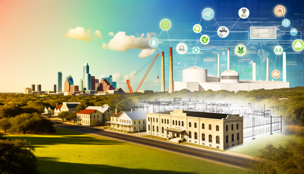 Prompt: "Create an image capturing the essence of Taylor, Texas, undergoing a monumental transformation into a technology hub oasis. Visualize a seamless blend of charming small-town vibes with futuristic, eco-friendly semiconductor manufacturing complexes. Include elements that symbolize the $44 billion Samsung investment, such as state-of-the-art facilities amidst traditional Texan landscapes. Show construction cranes and workers in the foreground, symbolizing job creation, with advanced green technology and renewable energy sources powering the site. Incorporate community and educational growth through imagery of local schools and new infrastructure, suggesting a thriving, sustainable future. The background should merge into Austin's skyline, highlighting the connection and impact on the wider region. Ensure the composition reflects a bright, optimistic future with a nod to both local heritage and the promise of innovation, security, and community development."