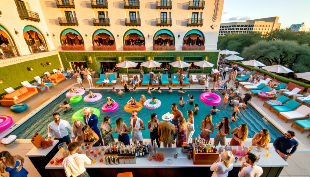 "Create an image of an elegant and vibrant summer pool party at the South Congress Hotel in Austin, Texas, capturing the essence of a perfect sunny day. The scene includes stylish attendees mingling around the chic hotel pool, with Austin's top mixologists crafting innovative cocktails at a poolside bar. The atmosphere is filled with laughter, music, and the clinking of glasses, embodying the spirit of community and celebration that defines Austin. In the background, the iconic South Congress Hotel provides a stunning architectural backdrop, enhancing the event's sophisticated yet laid-back vibe. Include details like colorful pool floats, sun hats, and sunglasses to highlight the summer casual dress code and the joyful, carefree mood of the party. Ensure the image exudes warmth, friendliness, and the unique charm of Austin's cocktail culture."