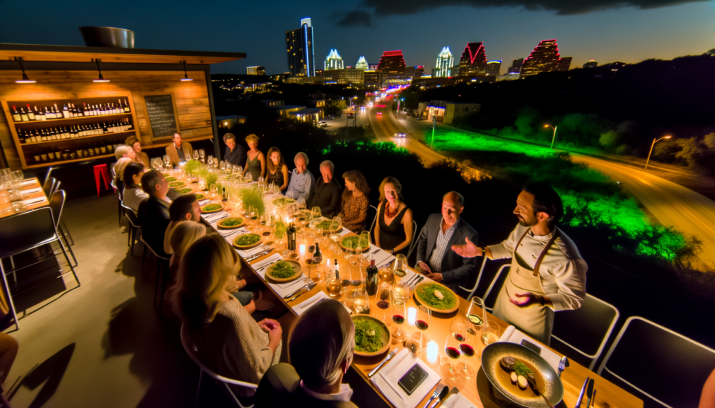"Create an image of an elegant wine dinner at Juliet Italian Kitchen in Austin, TX, capturing the essence of sustainability and biodynamic winemaking. The setting is sophisticated yet cozy, with guests gathered around tables adorned with organic, farm-to-table Italian dishes, engaging in animated conversations. Each table features a selection of fine wines from the Benziger Family Winery, with Chris Benziger sharing insights with attendees. The atmosphere is warm and inviting, illuminated by soft, ambient lighting that highlights the eco-conscious ethos of the evening. In the background, the vibrant, green heart of Austin blends seamlessly with the rustic charm of the Italian kitchen, symbolizing the fusion of urban living with sustainable practices."