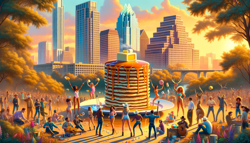 "Create an eclectic and vibrant digital poster for The Austin Pancakes & Booze Art Show, featuring a whimsical skyline of Austin, Texas, as the backdrop. The foreground should highlight a giant, tempting stack of pancakes drenched in syrup and butter, with lively characters representing local artists and musicians around it. Include visual elements of live music, such as a guitar or a microphone, and hints of live body painting, showing an artist at work on a human canvas. The atmosphere should radiate a quirky, artsy vibe with a touch of nightlife sparkle, embodying the essence of Austin's culture. Make sure the overall tone is fun, colorful, and inviting, capturing the spirit of community and creativity that defines the event."
