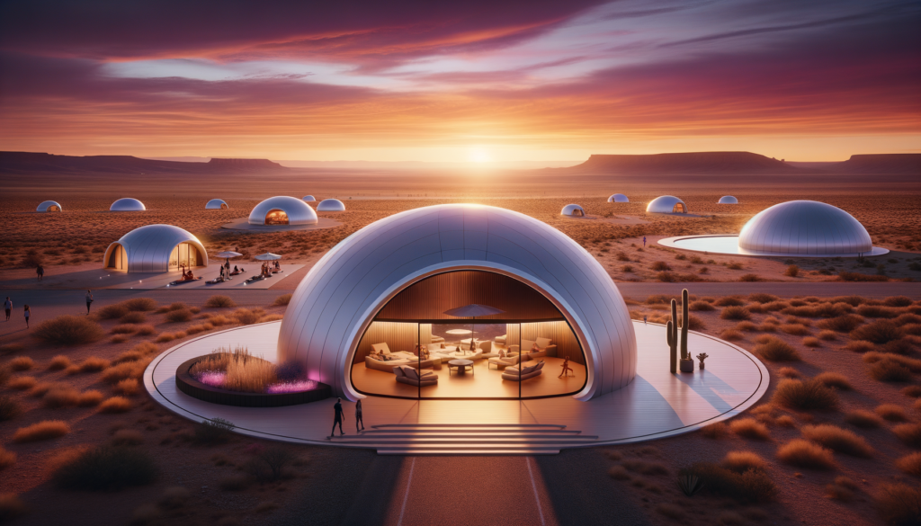 For the hero image of this article, envision a captivating photograph that encompasses the innovative and futuristic essence of El Cosmico, the world's first 3D-printed hotel in Marfa, Texas. The scene is set during the golden hour, casting a warm, inviting glow over the landscape. In the foreground, a sleek, modern 3D-printed dome structure serves as the focal point. Its unique, smooth curves and avant-garde design stand out against the backdrop of the vast, open Texas desert. The dome's doorway is open, welcoming viewers into this new era of hospitality. The structure's surface reflects the setting sun's rays, highlighting the precision and possibilities of 3D printing technology. Surrounding the dome, the expansive 60-acre property stretches out, with several other domed guest units visible in the distance, each showcasing a distinct design. The natural beauty of Marfa's desert landscape complements the futuristic architecture, marrying innovation with the environment. To the side, a group of guests enjoys the communal outdoor areas, fostering the connections that El Cosmico aims to create among its visitors. An infinity pool is subtly included in the scene, blending into the horizon, while in another corner, a glimpse of the open-air bathhouse offers a hint of the relaxation that awaits. In the sky above, a dramatic, vibrant Texas sunset with streaks of orange, pink, and purple paints a breathtaking backdrop, symbolizing the close of a day and the dawn of a new era in hospitality. The hero image encapsulates the essence of innovation, sustainability, and community, inviting readers to explore the article and discover the groundbreaking vision of El Cosmico in Marfa. It's a visual promise of an extraordinary adventure, blending the charm of Texas with the boundless potential of futuristic technology.